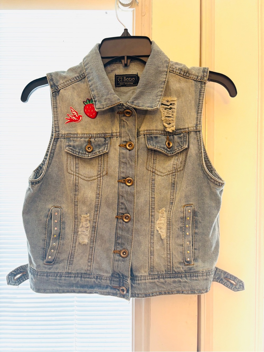Upcycled Cl Soño Distressed Denim Vest W/ Patches & Bedazzle Rhinestone Bling